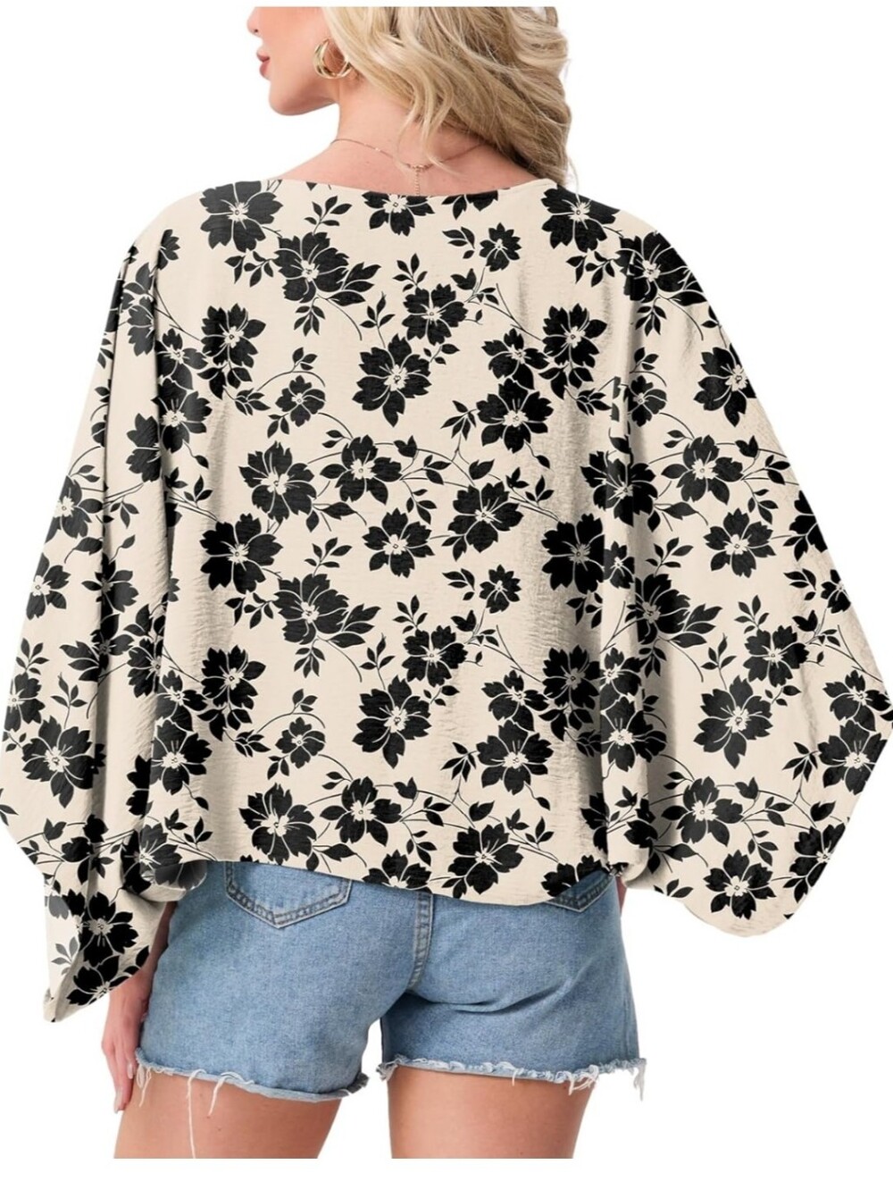 Floral Open-Front Kimono Cardigan - Cream/Black - Picture 2 of 4
